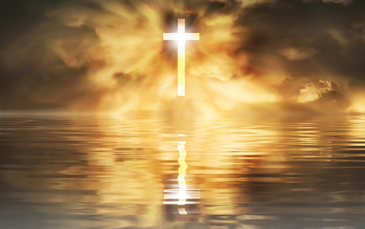 cross, lake, sunset, holy spirit, gospel, reflection, religion, nature, christianity, faith, sky, clouds, resurrection, salvation